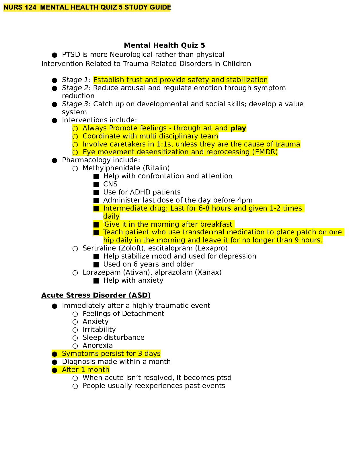 Preview of NURS 124 - Mental Health Quiz 5 Study Guide